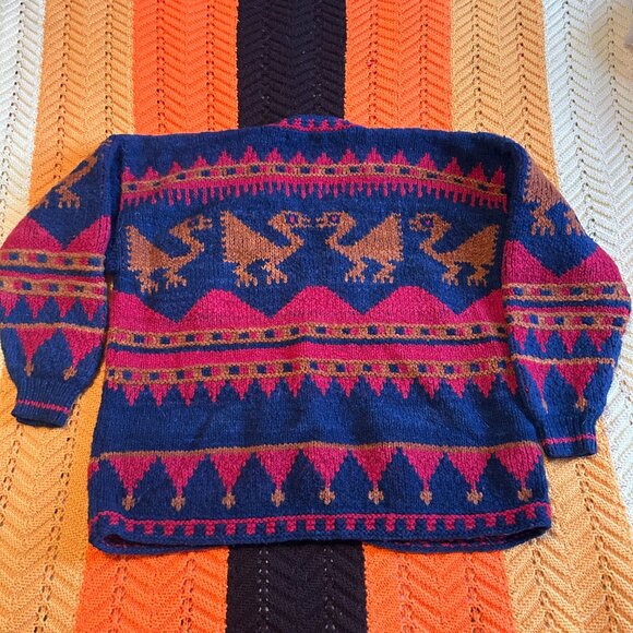 70s 80s 100% pure wool knitted red and blue cardigan - Toshy Made In Bolivia! - Picture 12 of 15